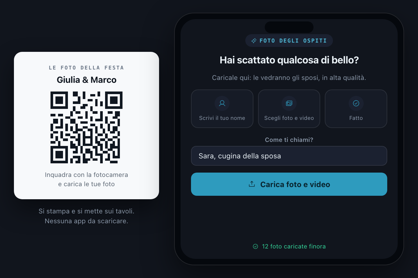 Il QR da stampare e la pagina di caricamento sul telefono dell’invitato